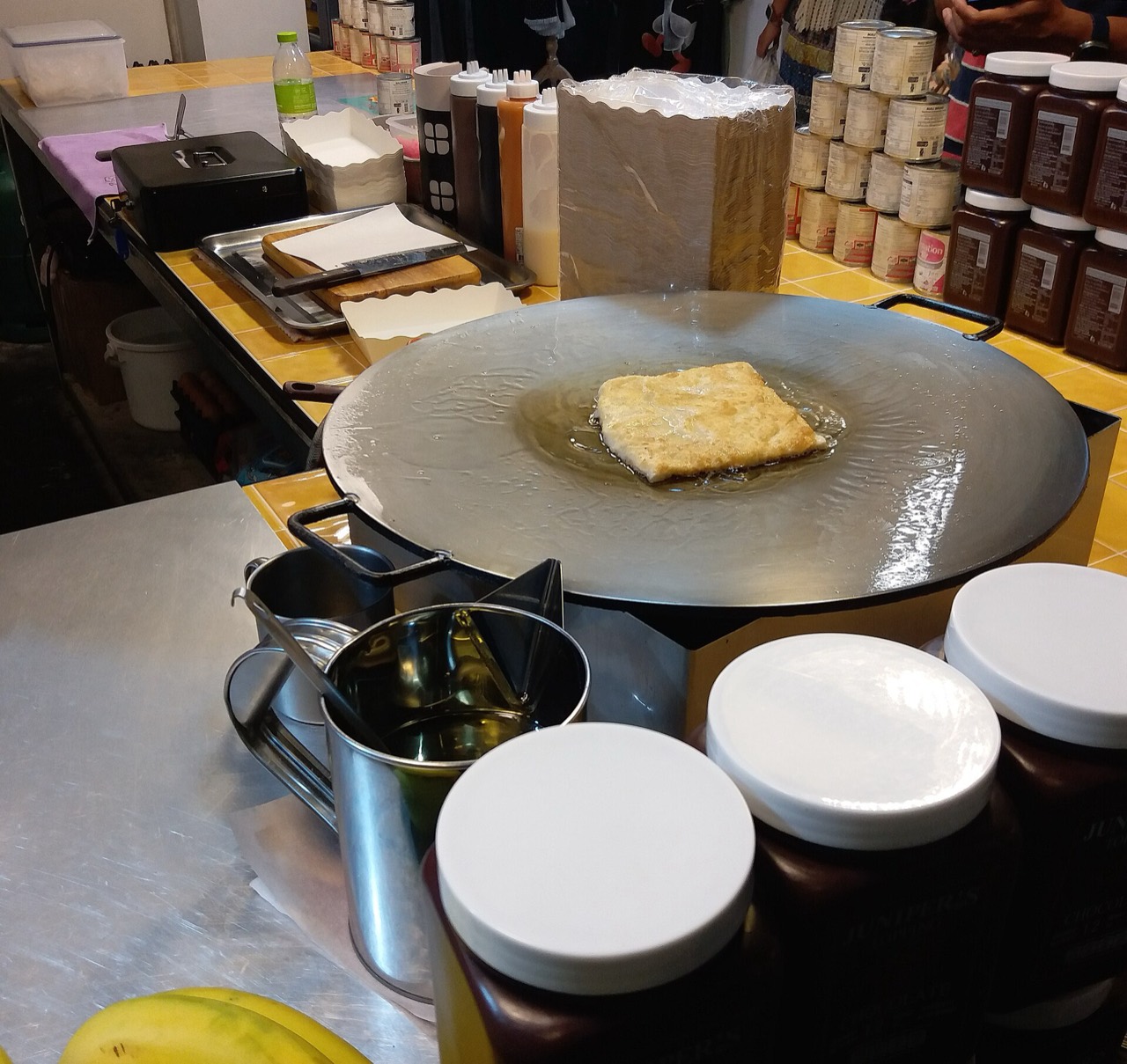 Roti pancake on a night-market griddle, Bangkok