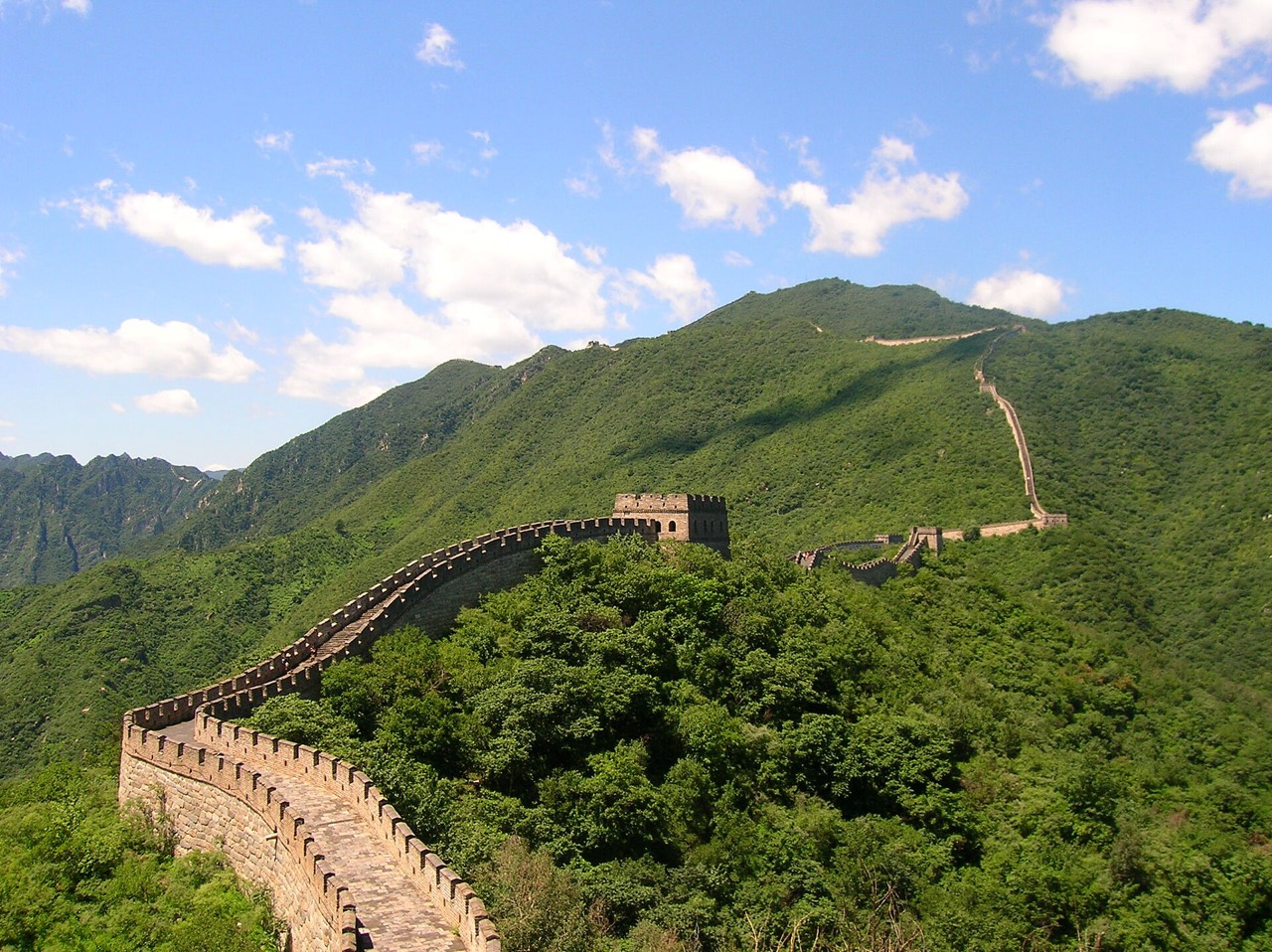 The Great Wall of China snaking over ridgelines