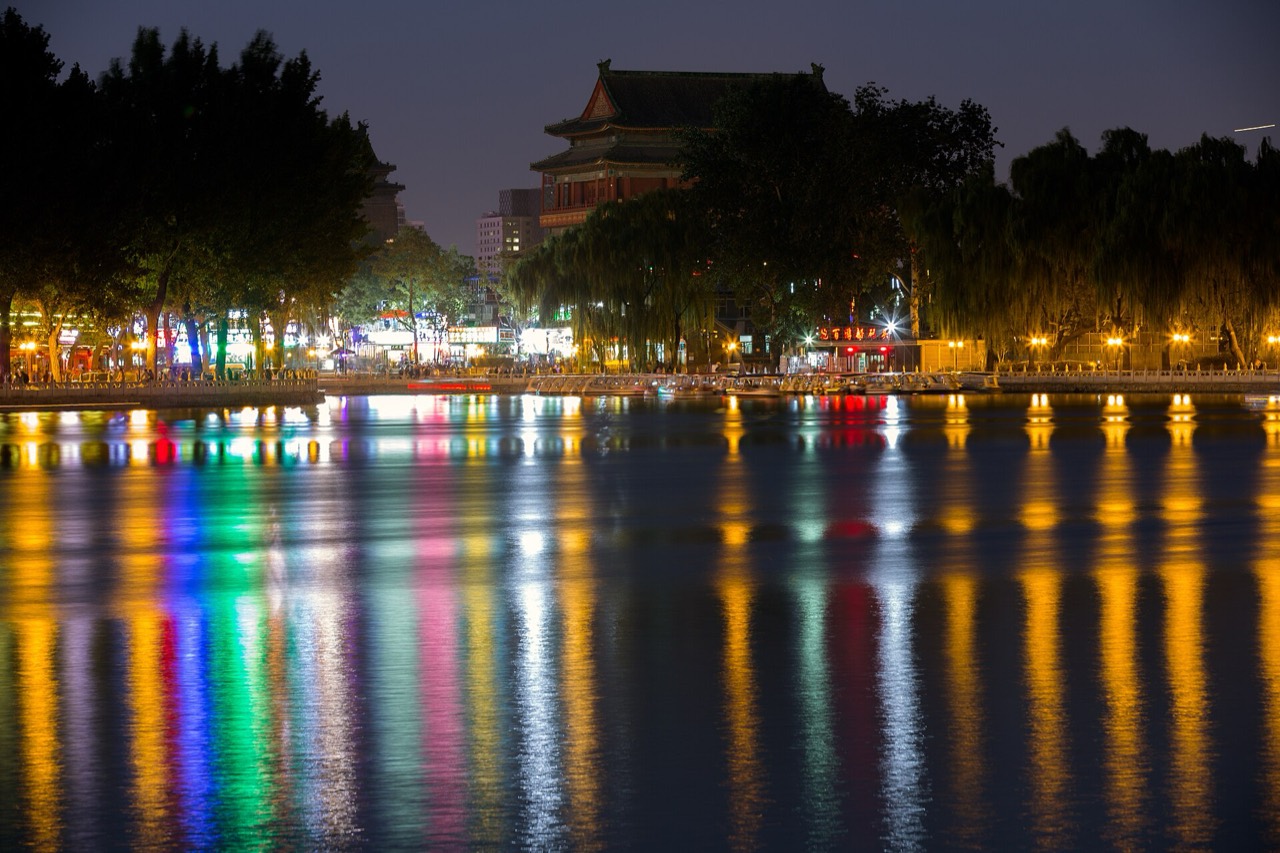 Houhai Lake at night with the Drum Tower behind, Beijing