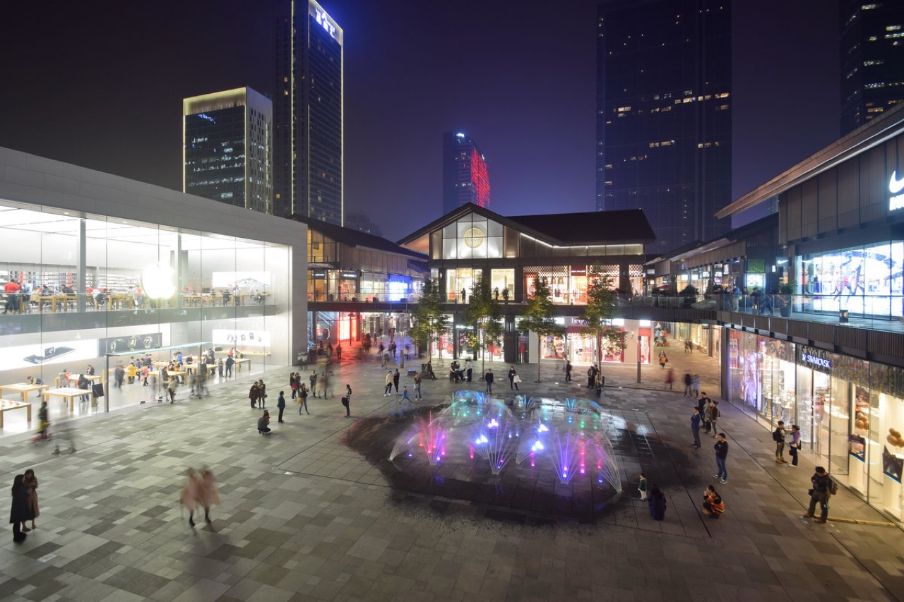 Sino-Ocean Taikoo Li, Chengdu at night — the city's open-air shopping quarter beside the gay club strip