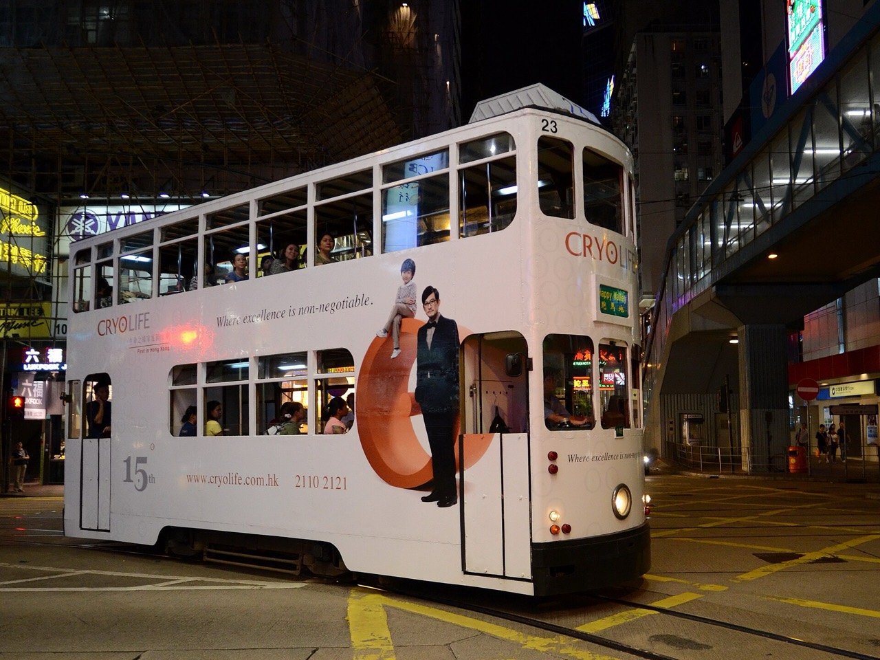 A Hong Kong double-decker tram at night