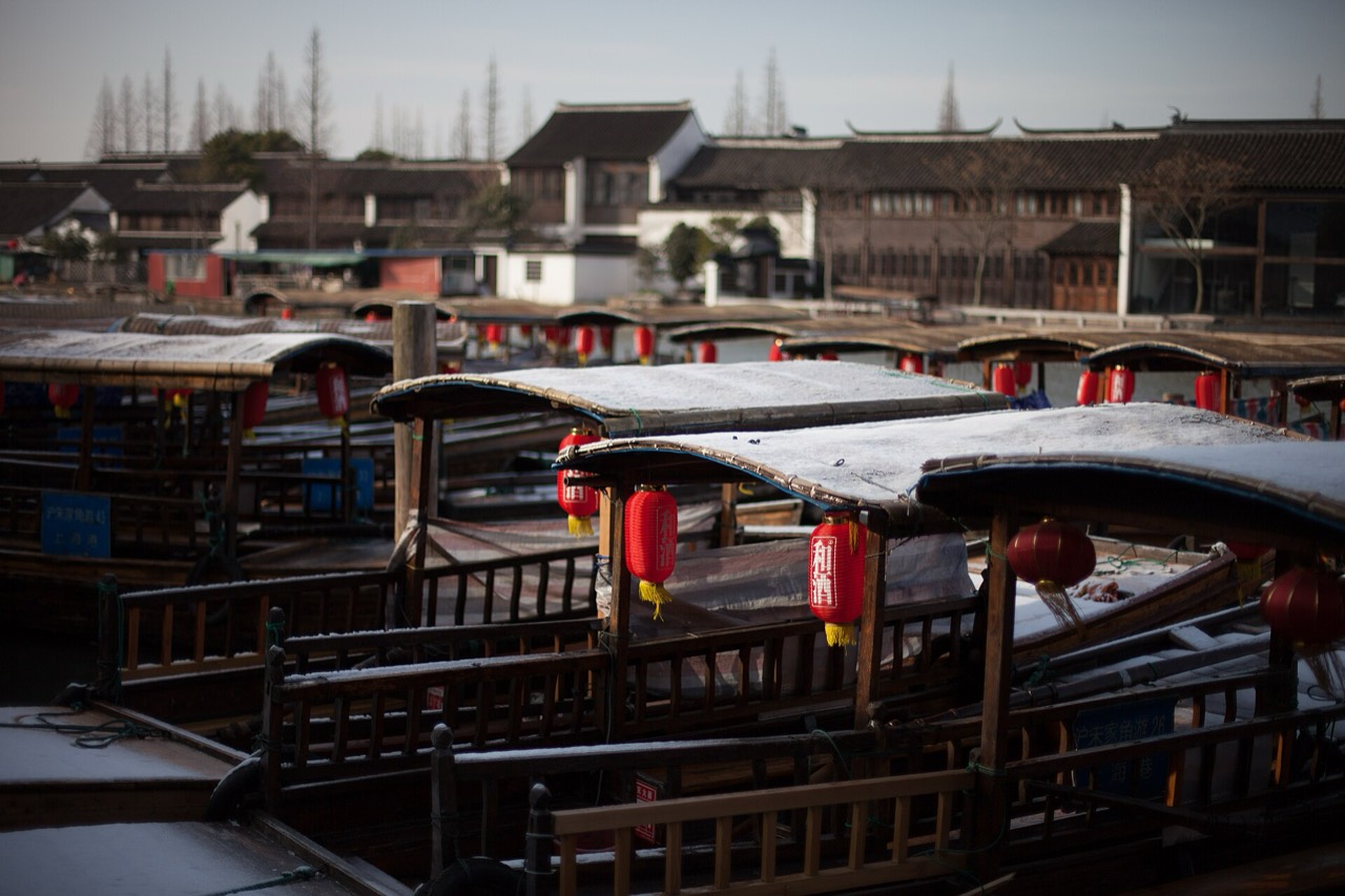 Wooden boats on the canal at Zhujiajiao water town