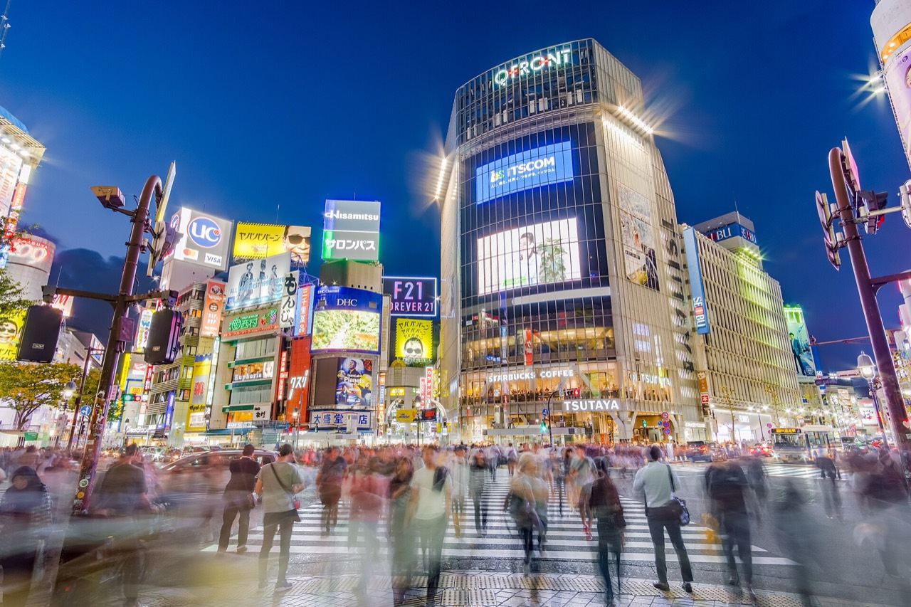 Shibuya scramble crossing at night, Tokyo