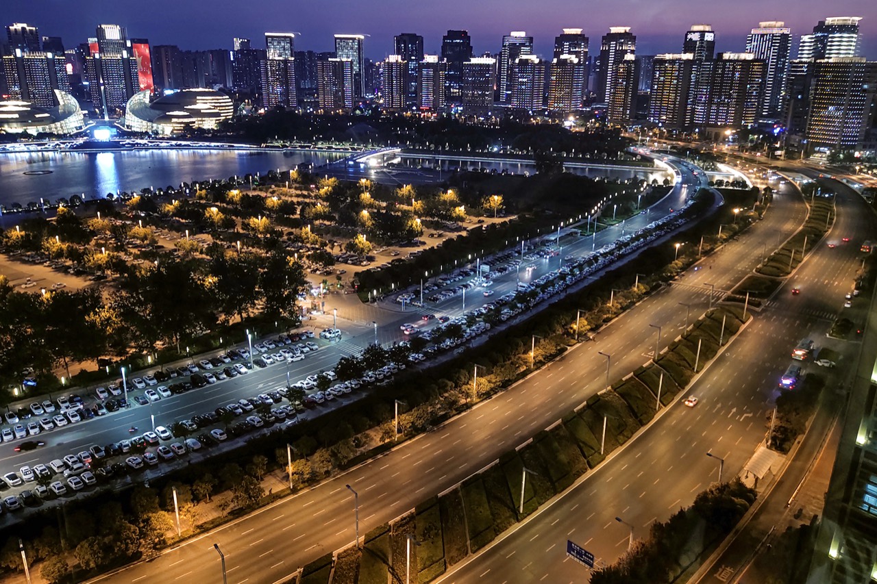 Zhengdong New District CBD around Ruyi Lake at night, Zhengzhou